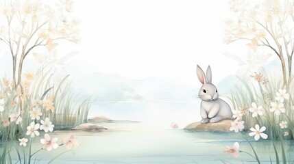 Cute Spring Easter Bunny background. Happy Easter watercolor illustration with cute Easter rabbit, eggs, spring flowers in pastel colors. For greeting card, banner, poster, cover, template. - obrazy, fototapety, plakaty