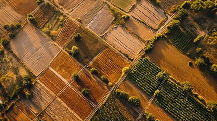 A series of small, geometric farm plots forming a simple, regular pattern in the countryside. Aerial view, Landscapes illustration, Generative AI