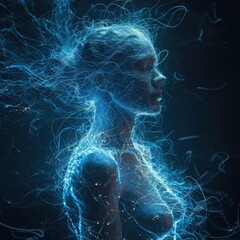 Human electromagnetic field - a subtle, radiant energy enveloping body. Vibrant frequencies depict dynamic interplay of life force, resonating in harmony with the holistic vitality of the individual. - obrazy, fototapety, plakaty