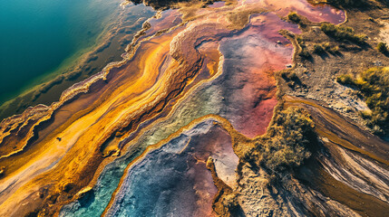 The sprawling, multicolored mineral deposit creates vibrant hues, an otherworldly landscape. Aerial view, Landscapes illustration, Generative AI