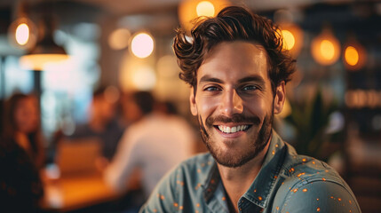 Obraz premium Handsome young businessman smiling at the camera in a modern office with several blurry teams in the background