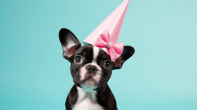 imaginative animal idea. Boston Terrier puppy wearing a party dress with a cone hat, choker, and bow tie, isolated on a plain pastel background. invite to a birthday party