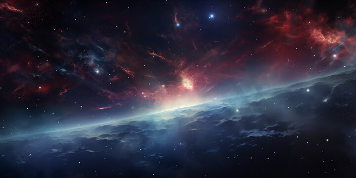 Image of a cosmic landscape, galaxy, bright cluster of stars, cosmic dust