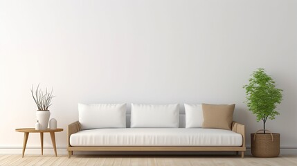 Fototapeta na wymiar empty white wall for writing, minimalist beige living room interior, sofa on wooden floor,