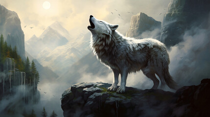 Howling wolf on rock - obrazy, fototapety, plakaty