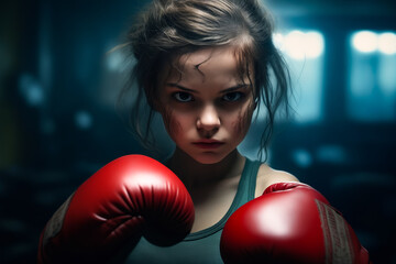 Young girl with red boxing glove on her shoulder.