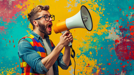 man shouting through megaphone telling special offers, advertisement concept - obrazy, fototapety, plakaty
