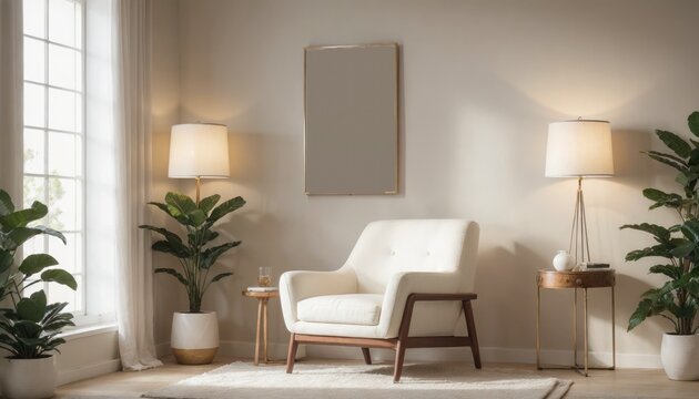 interior design living room with red chair and picture mockup on a wall and a white chair