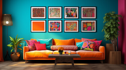 a colorful, eclectic living room with a bold orange couch, vibrant pop-art portraits on a teal wall, a modern circular coffee table, chic decor, and lush houseplants