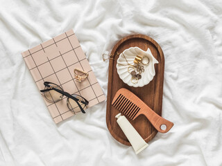 Beautiful minimalism style women's accessories - notepad, jewelry, glasses, comb, hairpin....