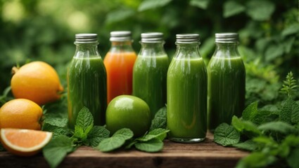 Bottles of fresh smoothies on wooden table outdoors, closeup