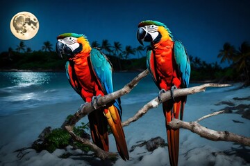 Two enchanting Caribbean macaws, bathed in the soft glow of a full moon, stand on the edge of a pristine beach, 