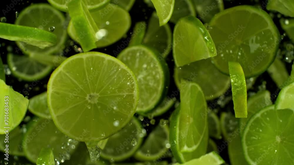 Aufkleber super slow motion of flying lime slices on black background. filmed on high speed cinema camera, 100