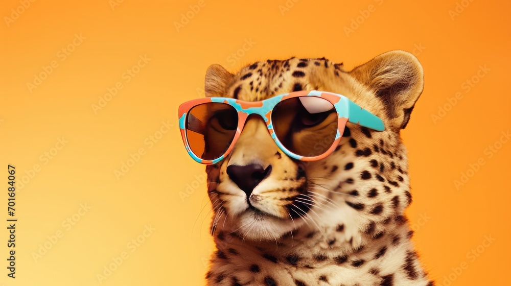 Wall mural imaginative animal idea. cheetah in sunglass shades, editorial advertisement, dreamlike, isolated on