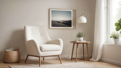 interior design living room with red chair and picture mockup on a wall and a white chair