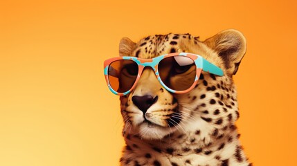 imaginative animal idea. Cheetah in sunglass shades, editorial advertisement, dreamlike, isolated on solid pastel background - obrazy, fototapety, plakaty