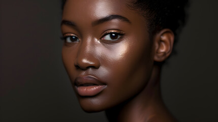 Fototapeta premium a skin model showcasing the effects of high-end cosmetics, emphasizing natural beauty and skin health. The model, with a glowing complexion and subtle makeup, is posed against a minimalist background 