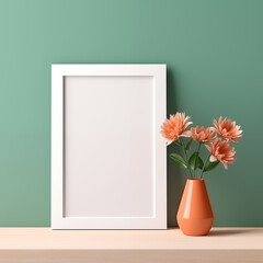 a white blank frame against a sea green wall on a wooden surface,Mock up frame