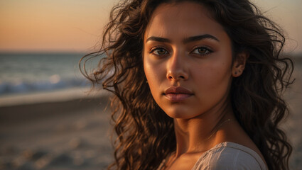 Portrait of a beautiful young mexican latina model woman at sunset on a sandy beach  - obrazy, fototapety, plakaty