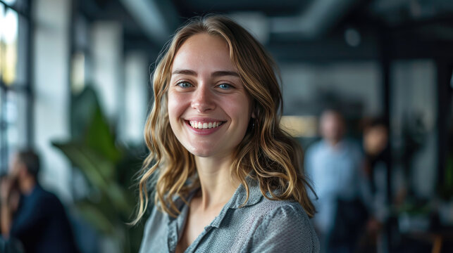Beautiful young businesswoman smiling at the camera in a modern office with several blurry teams in the background