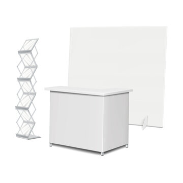Trade show display kit vector mock-up. Expo set template. Tradeshow backdrop banner, exhibition table counter, brochure holder stand with clear shelves mockup