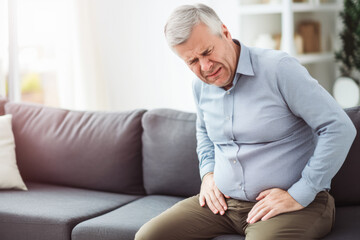 Man feeling stomach pain. Signs of aging and poor medical care. Inaccessible healthcare and consequences.