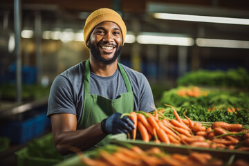 sustainable vegetable factory. Worker picking up the carrots and smiling. Sustainable development can limit climate change and global warming. - obrazy, fototapety, plakaty