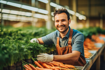 sustainable vegetable factory. Worker picking up the carrots and smiling. Sustainable development can limit climate change and global warming. - obrazy, fototapety, plakaty