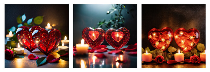 Romantic decoration with red hearts, in atmospheric candlelight.