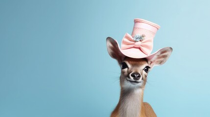imaginative animal idea. Deer doe dressed for a party wearing a cone hat, a necklace, and a bow tie, isolated on a copy text space with a solid pastel background. birthday invitation wording