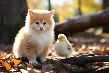 Naklejka na ściany i meble Fluffy orange kitten with a chick in a tranquil autumnal setting