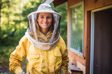 Woman wearing full body protection against bees. Smiling. Behind is bee house, making honey. Living in touch with nature and caring for the earth. - obrazy, fototapety, plakaty