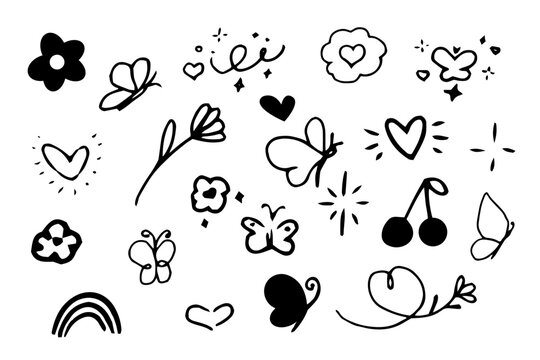 Baterfly with cute flowers, rainbow, burst set in doodle style isolated on white background. Sketch drawing, cartoon.
