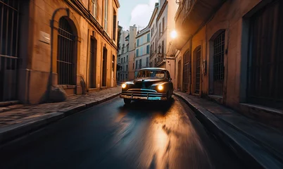 Foto auf Acrylglas Vintage Car Speeding Through a European City © InputUX