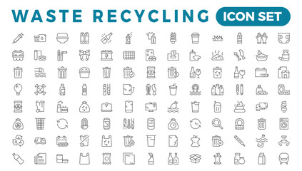 Recycling waste line icons. Garbage disposal. Trash separation, waste sorting with further recycling. - obrazy, fototapety, plakaty