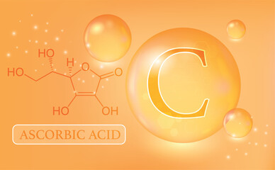 Vitamin C, Ascorbic acid, water drops, capsule on an orange gradient background. Vitamin complex with chemical formula. Information medical poster.