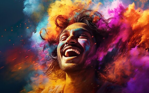 Holi celebration poster. Festival powder throwing, happy people, a young man. AI Generative.