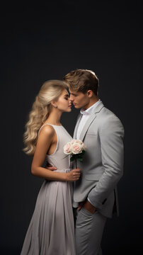 Beautiful happy lovely couple are kissing on grey background with rose bouquet valentine concept