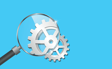 Obraz premium Magnifying glass and gears on a blue background. SEO business concept.