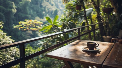 An elegant table with a cup of coffee overlooking a lush forest. A carefree place where you can enjoy a moment of silence and nature - obrazy, fototapety, plakaty