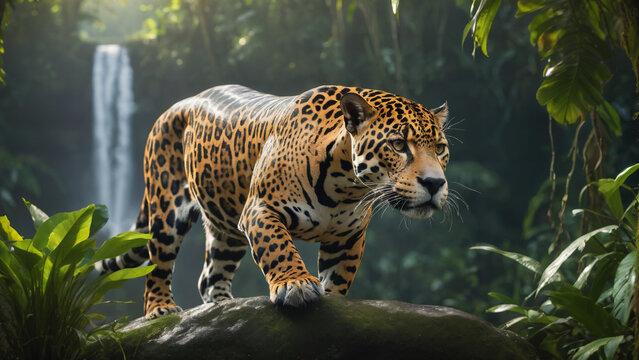 a large leopard walking across a lush green forest covered in leaves and a waterfall in the background, with a bright light shining on the top of the image, sumatraism, animal photography,