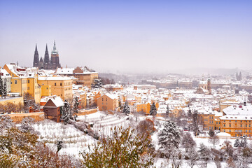 Snow in Prague, rare cold winter conditions. Prague Castle in Czech Republic, snowy weather with trees. City landscape from beautiful town. Winter travelling in Europe. - obrazy, fototapety, plakaty