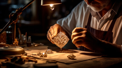 A jeweler meticulously examines a sparkling piece of jewelry under the warm light of a work lamp against the backdrop of a workshop with scattered tools and pieces of jewelry. Handmade jewelry