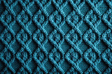 A flat-knitted teal woolen fabric with a white snowflake pattern as part of its knitting design