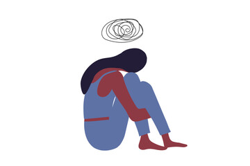 Sad and depressed woman hug her knee sitting on window.Unhappy and stressed, psychology, depression, stress, mental healtlh.and loneliness vector illustration.