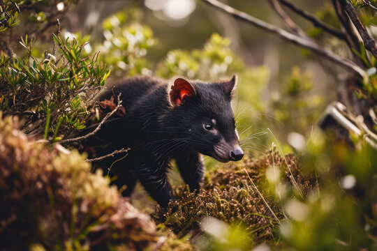 Tasmanian devil foraging in the underbrush of Tasmania's wilderness, captured in the early morning light