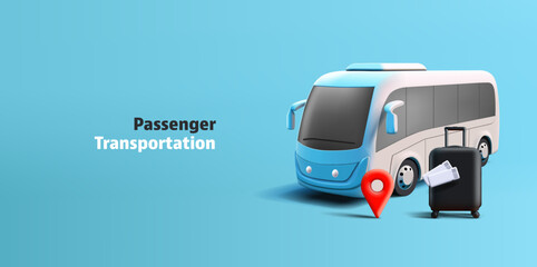 3d realistic bus render illustration with suitcase and tickets for the trip and red geo pin, blue and white colour © YarM