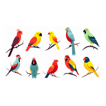 Collections of parrot birds flat isolated vector