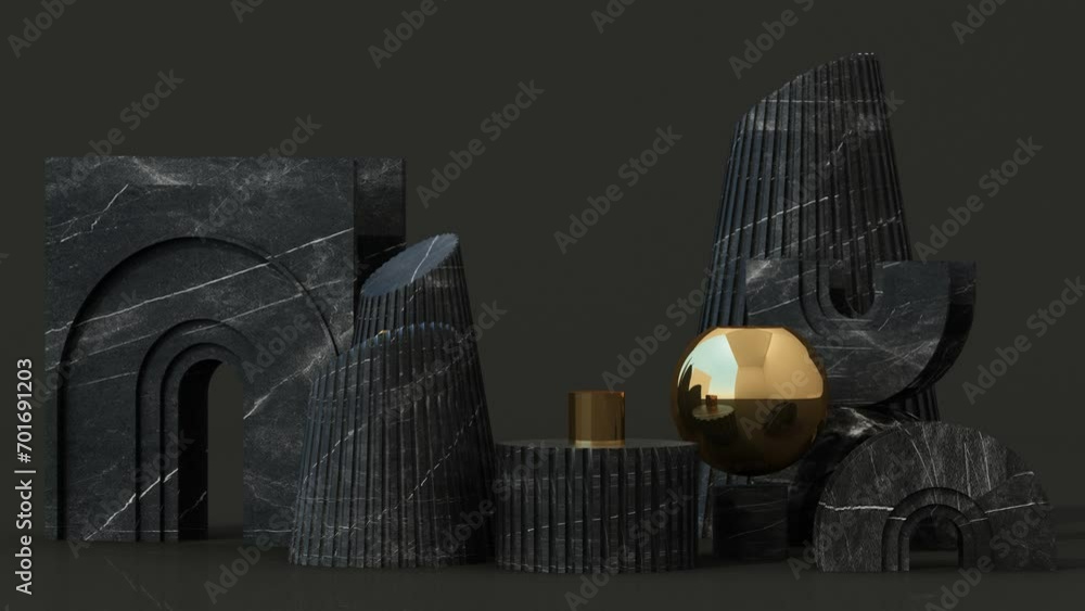 Poster 3d render animated background of geometric shapes that slowly move and rotate in a continuous loop. 