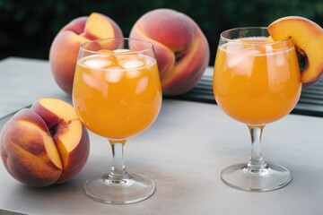 Peach juice in a glass, peaches on the table, outdoors, ice in a glass with peach juice. Generative AI.